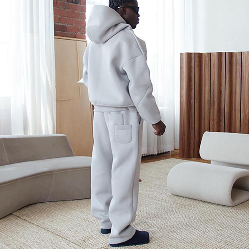 2 Piece Set Fashion Casual Solid Hooded Pullover Straight Pants Tracksuit for Male Loose Hoodies Sweatshirt Wide Leg Sweatpants