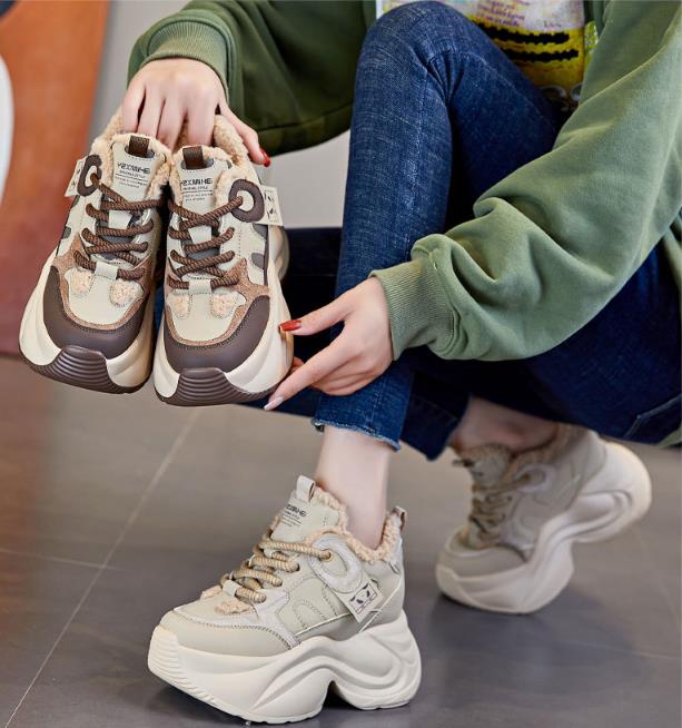 Fashion 8cm Genuine Leather Winter Vulcanized Sneakers Women Autumn Platform Wedge Ankle Booties Spring Lace Up Hidden Heels Shoes