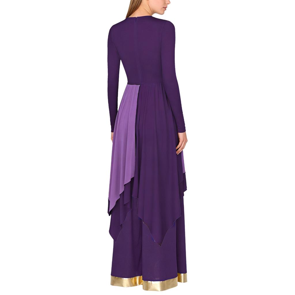 Dames Lyrische Dans Kostuum Set S-XXL: Jurk met Lange Mouwen, Metallic Contrastkleur, Onregelmatige Zoom & Wijde Broek voor Kerkdienst, Dans