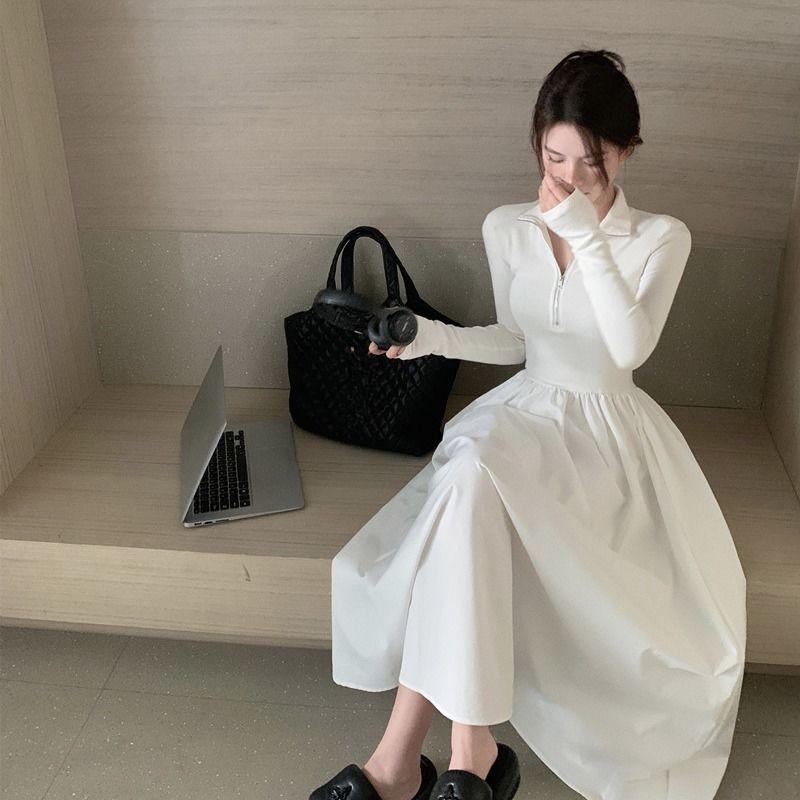 Francouzský high-endový temperamentní stahující pas základní vrstva bílé pletené šaty s dlouhým rukávem dámské podzimní