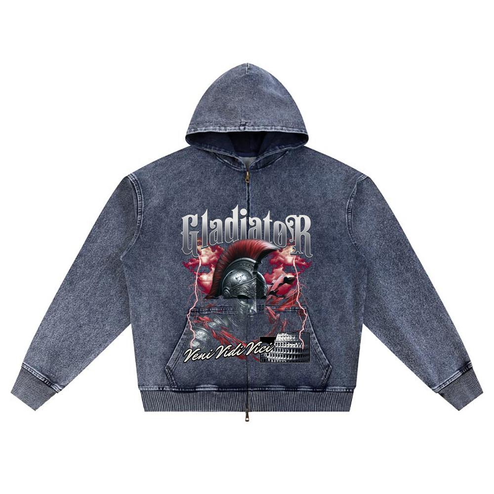 

DTG print Knitted Denim Zip-Up Hoodie Gladiator Brother Print Zipper Hoodies XL темно-синий