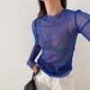 Mesh See-through Blue Round Neck Long Sleeve T-shirt - Sexy Slim Fit European & American Style Women's Summer Top