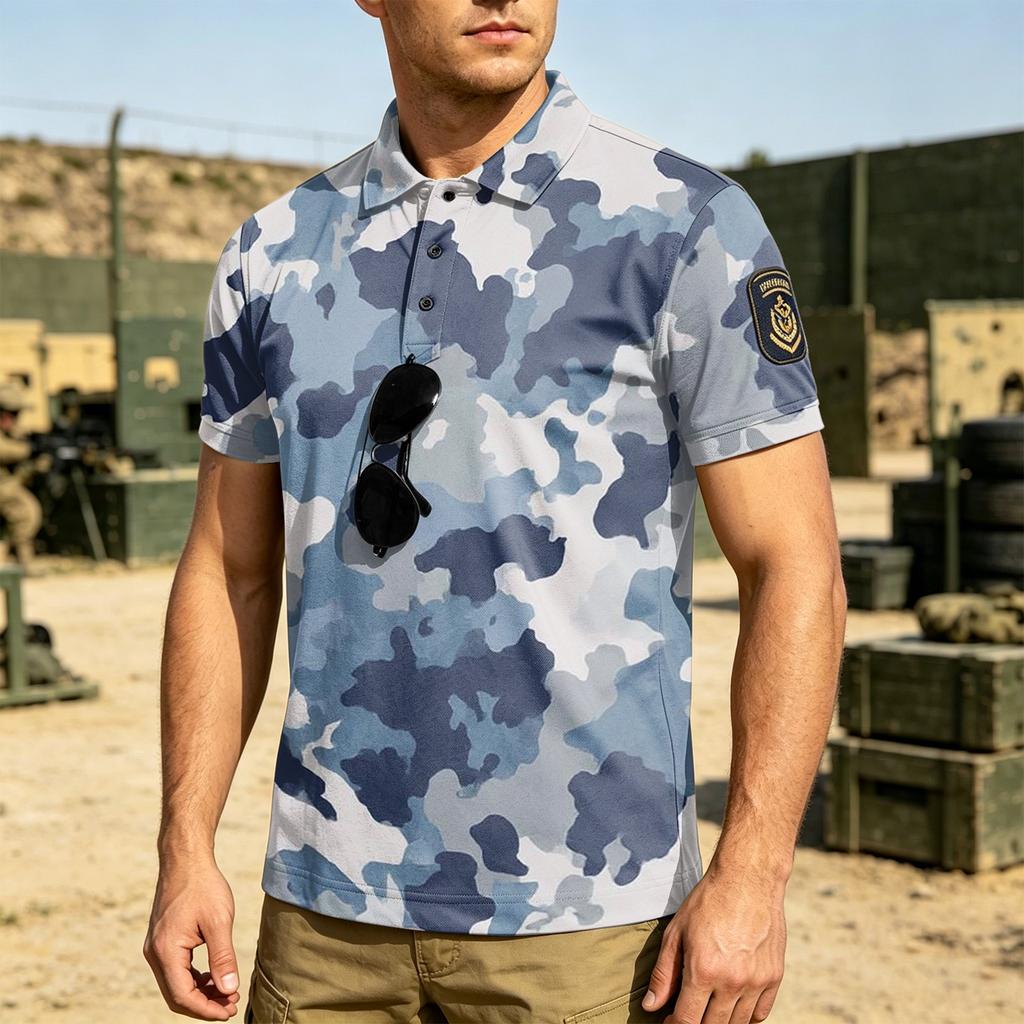 Men Tactical Polo Shirt with Hook and Loop Patch Short Sleeve Digital Print Turn Down Collar Loose Fit Outdoor Quick Dry Top