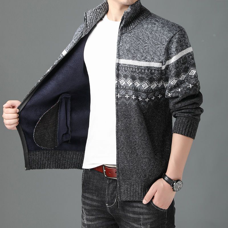 Thick Winter Men's Sweater with Added Fleece Zipper Cardigan Oversized Stand Up Collar Knitted Warm Jacket