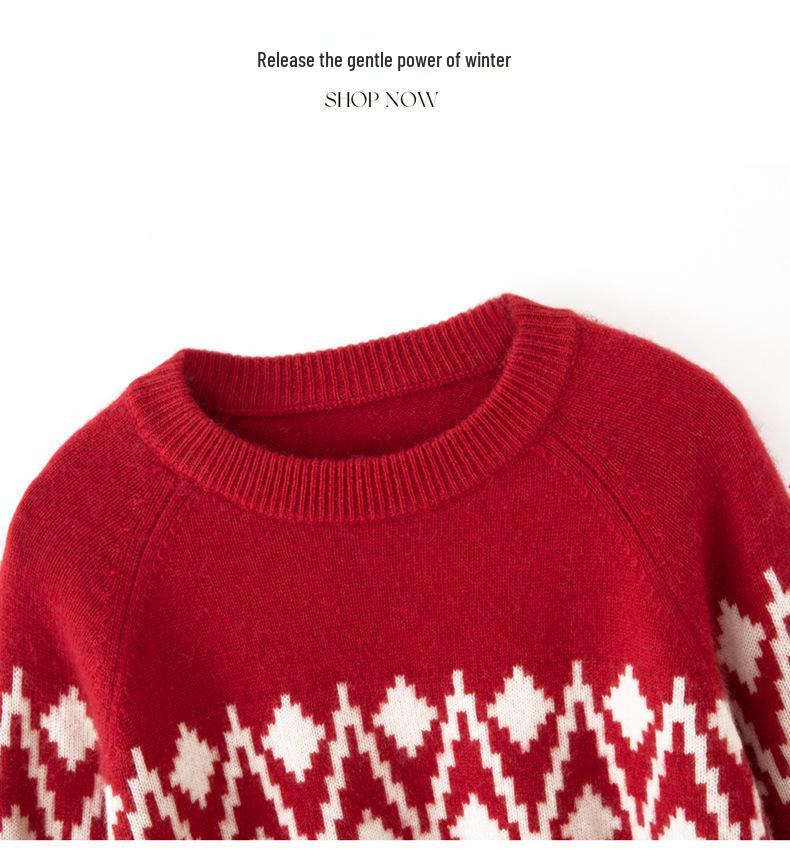 Women's Round Neck Thick Jacquard Cashmere Sweater - Loose Red Fashion Knit for Autumn/Winter