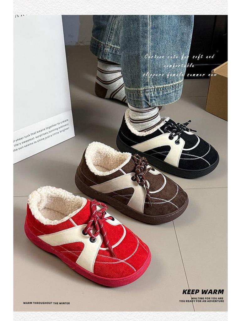 Set of 2 Women's Retro Dexun Cotton Slippers - Autumn/Winter, Lace-Up, Non-Slip, Thick-Soled, Warm & Cozy.