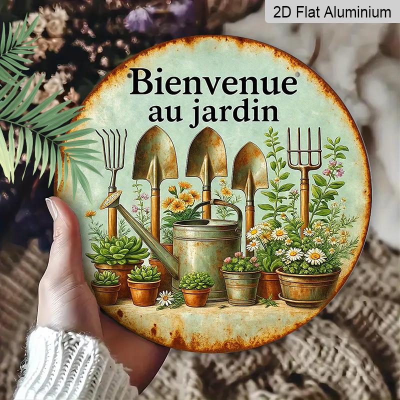 2D Flat, 1pc Round French Aluminum Sign, Vintage "Welcome to the Garden" Decor Plaque - Garden Tools & Plants Wall Plaque, Decor Sign for Balcony