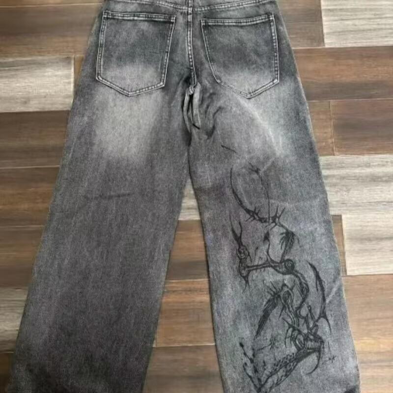 

Женские джинсы с высокой талией в стиле ретро хип-хоп с вышитым пламенем, женские уличные свободные широкие брюки в стиле Харадзюку и готика — это брюки унисекс XXXL