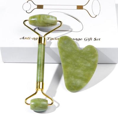 Natural Jade Face Massager Set: Xiuyu Roller & Ox Horn Gua Sha Board