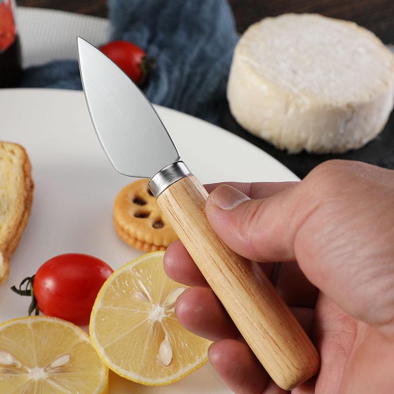 Stainless Steel Cheese Tools Set with Rubber Wood Handle, Including Cheese Knife, Slicer, Butter Knife, and Fork.