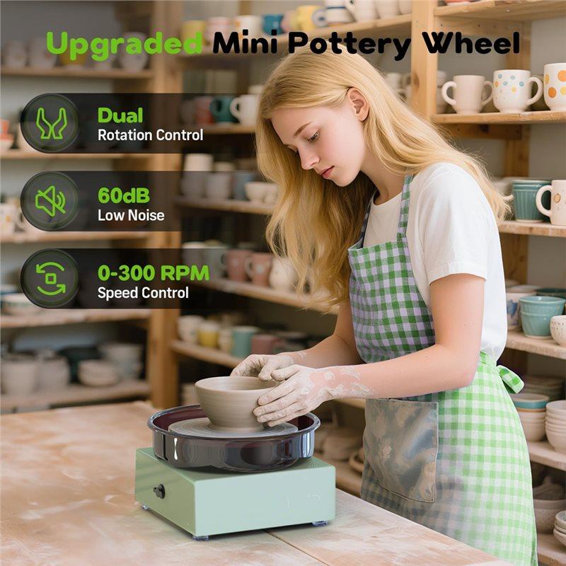 ABMH-Mini Pottery Wheel Kit-6" Clay Turntable, Two-Way Rotation, Metal Frame, Removable Splash Tray, Making Tool EU Plug