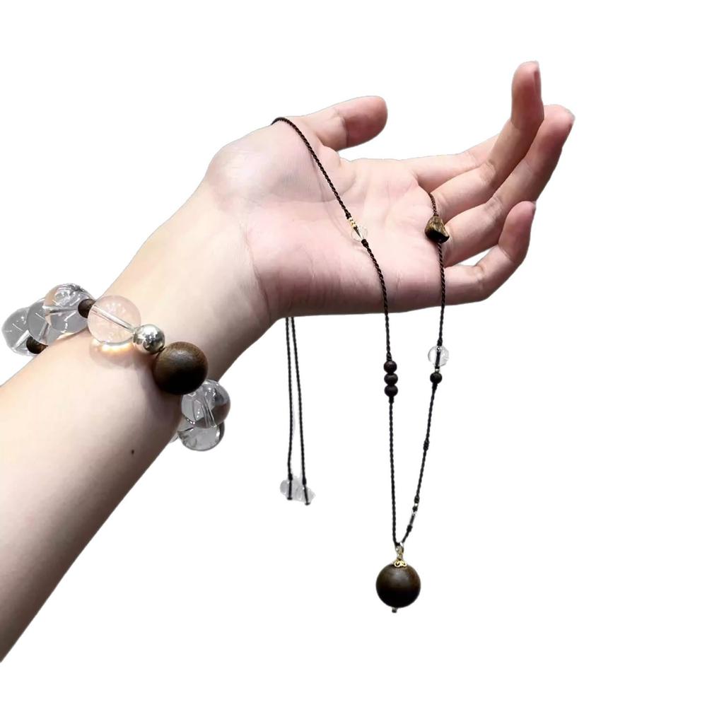 Original Natural Agarwood Large Bead Pendant with Braided Rope Sweater Chain, White Crystal Necklace, New Chinese Style Gift for Men and Women
