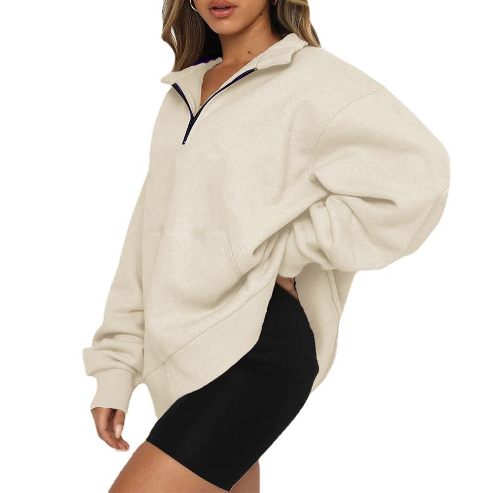 European and American Women's 2022 Autumn/Winter Pocket Half-Zip Long Sleeve Pullover Hoodie Sweatshirt