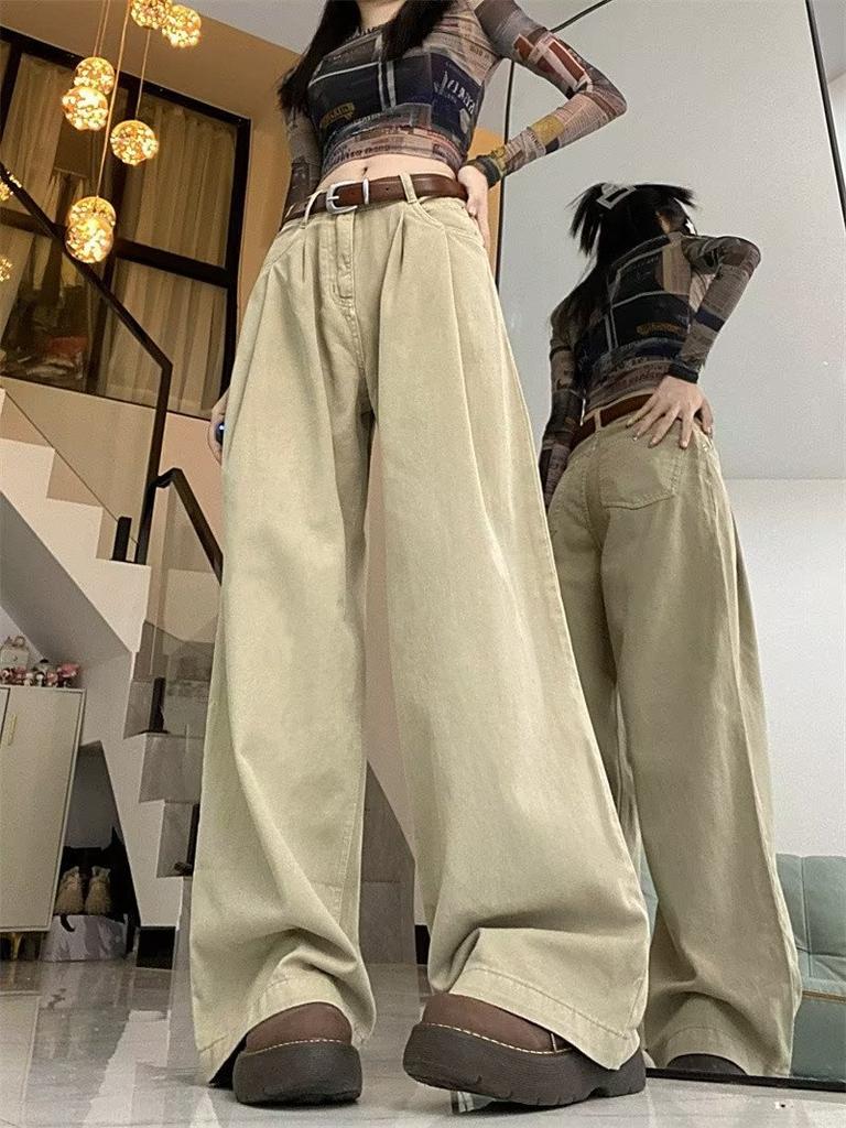 High Waist Pleated Super Soft Wide Leg Jeans Women's Drape Loose and Thin Versatile Design Mopping Straight Pants