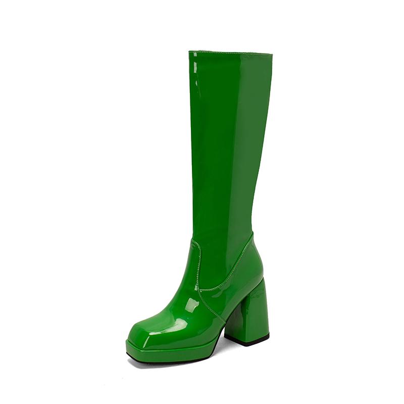 Silver Gold Knee High Boots Women 2024 Four Seasons 10cm Chunky Heels Shoes Square Toes Long Booties Big Size 48 Botas Mujer