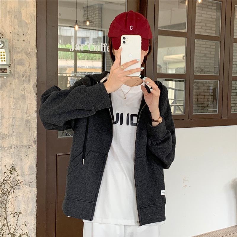 Spring and Autumn Loose Zipper Long-sleeved Cardigan Jacket Women Solid Color Hooded Sweater Students Cardigan Small Jacket