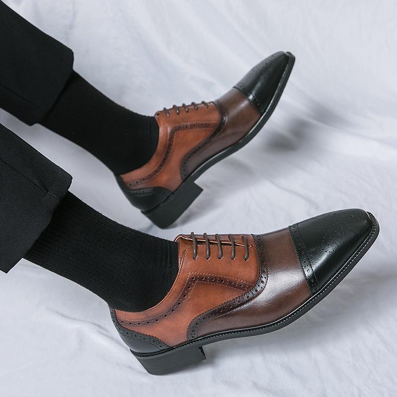 Leather Shoes Square Head British Style Brock Carving Ernest Heightening Hair Stylist