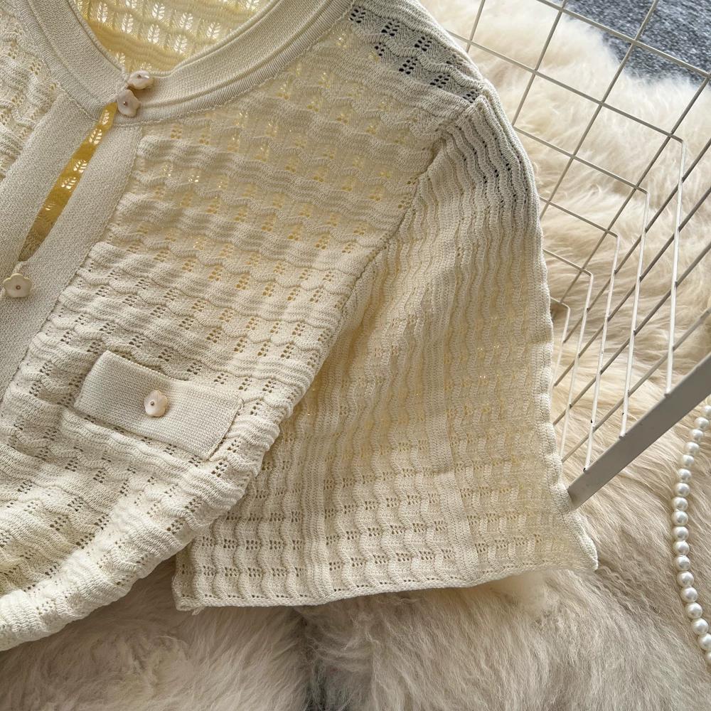 Summer Autumn Knitted Sweater Dress for Women Fashion Short Sleeve Single-breasted Hollow Out Elastic Simple Prom Dresses