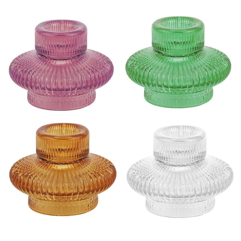 Set of 6 Double Use Striped Glass Candlestick Flower Vases for Elegant Decoration Glass Candlestick Holder Homes Accent