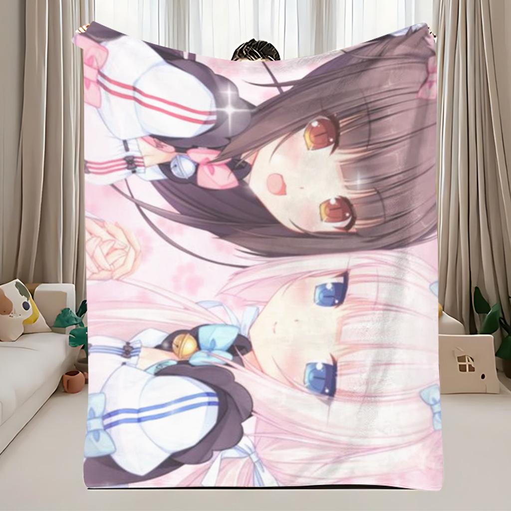 1pc Nekopara Chocola & Vanilla Throw Blanket, Kawaii Cat Maid Anime Flannel Blanket, Soft Cozy Otaku Bedding, Anime Fan Gift, 75cmx90cm