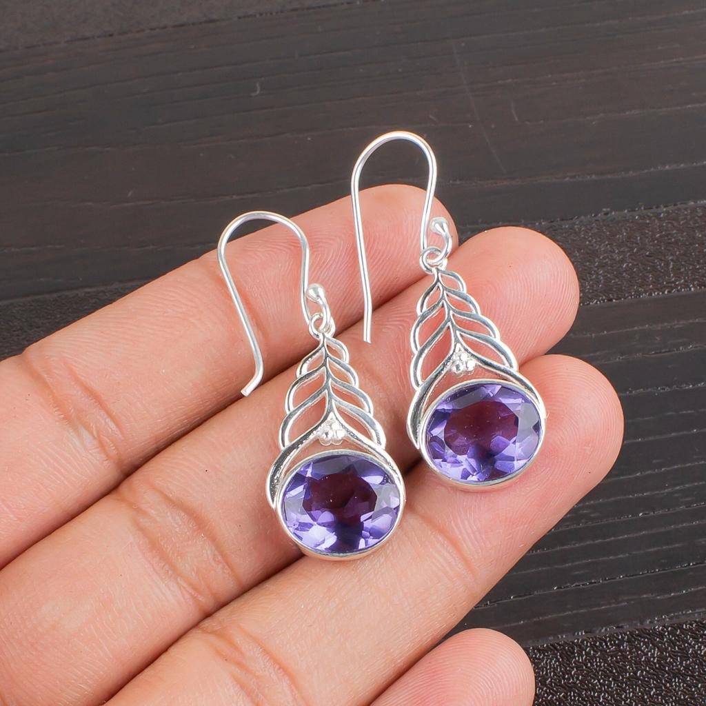 Natural Iolite Gemstone 925 Sterling Silver Jewelry Drop/Dangle Earrings 1.64" CE-1-5