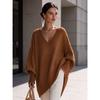 Women V Neck Loose Sweater Mid Length Long Sleeve Cozy Knit Top Fall Winter