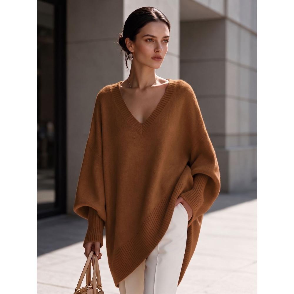 Women V Neck Loose Sweater Mid Length Long Sleeve Cozy Knit Top Fall Winter