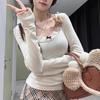 Spring & Autumn Lace Stitching Brushed Long Sleeve Top - Slim Fit, Warm & Stylish for Women