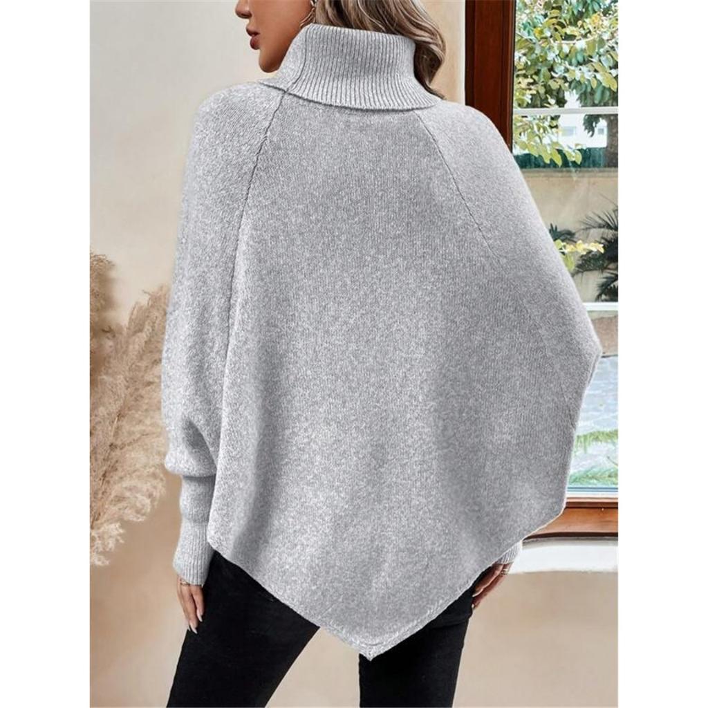 Women's Winter High Collar Asymmetric Hem Cape Sweater, Button Decoration Bat Sleeve Fried Dough Twists Weave Texture