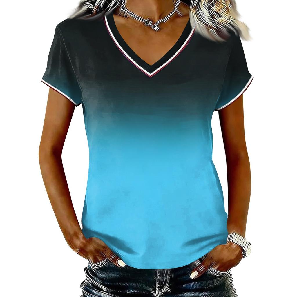 Camiseta Casual de Mujer con Cuello en V y Manga Corta, Jersey con Estampado Degradado, Tejido Ligero y Suave, Ajuste Cómodo