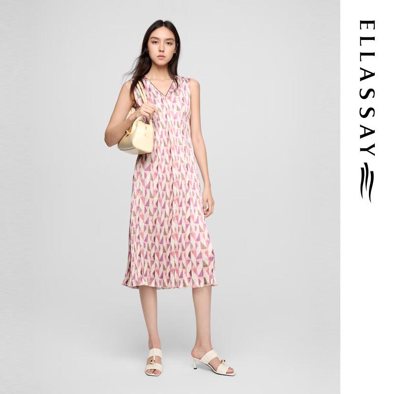 ELLASSAY Women's 2025 Summer Pleated V-Neck Midi Dress