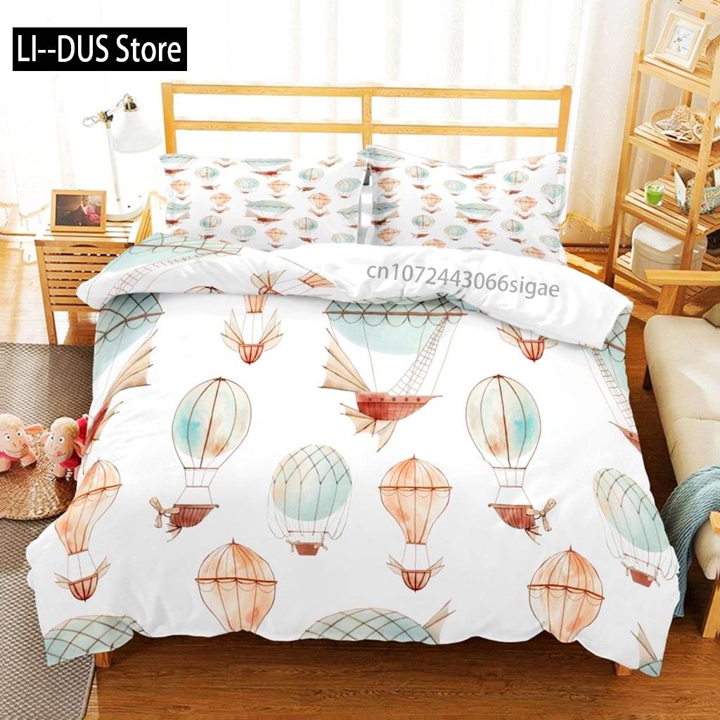 Balloon Duvet Cover Set King Twin Size Polyester Hand Painted Style Floating Hot Air Balloons With Clouds Moon Print Bedding Set