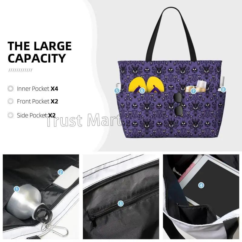 Happy Haunted Mansion Beach Bag for Women Travel Tote Bag with Pockets Summer Large Beach Pool Bag for Swim Gym Vacation