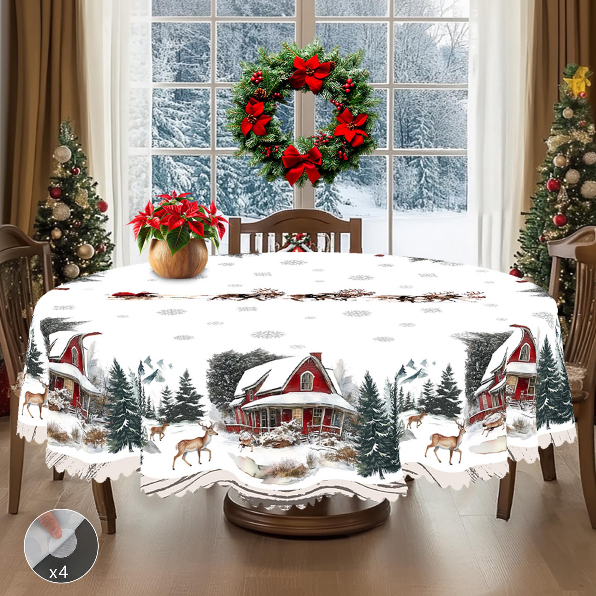 Kerst Vintage Boerderij Tafelkleed met Kerstman, rendieren & Kerstboom prints. Rechthoekige & ronde maten voor Kerst/Nieuwjaarsfeesten, keuken, binnen & 152X305Cm