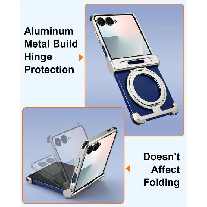 Oatsbasf Metal Phone Case for Samsung Galaxy Z Flip 7 with Stand 360°Rotation Magnetic Bumper Thin Shockproof Protective Cover