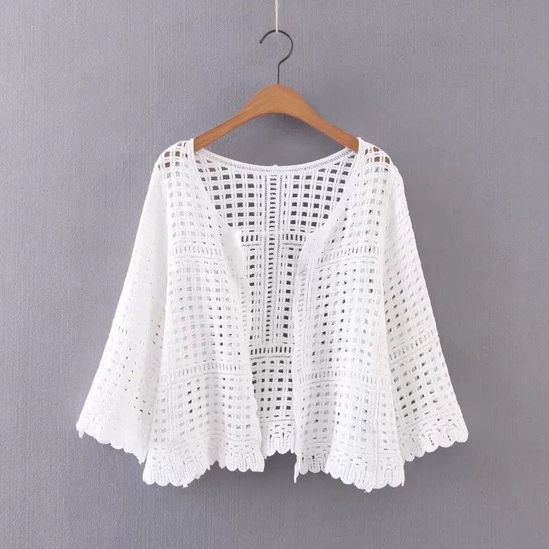 Minimally Short Shawl Hollowed Out Knitted Sweater for Spring and Summer Thin Seven Quarter Sleeve Slim Fit Cardigan for Women with Air Conditioning