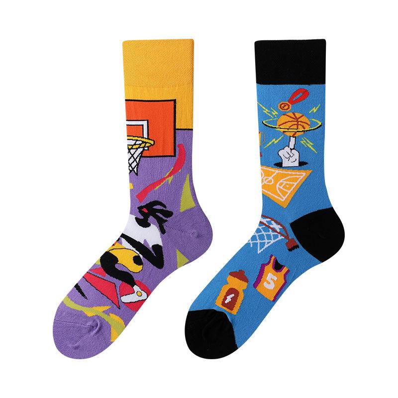 Unisex A/B Style Asymmetrical Cartoon Mid-Calf Cotton Socks