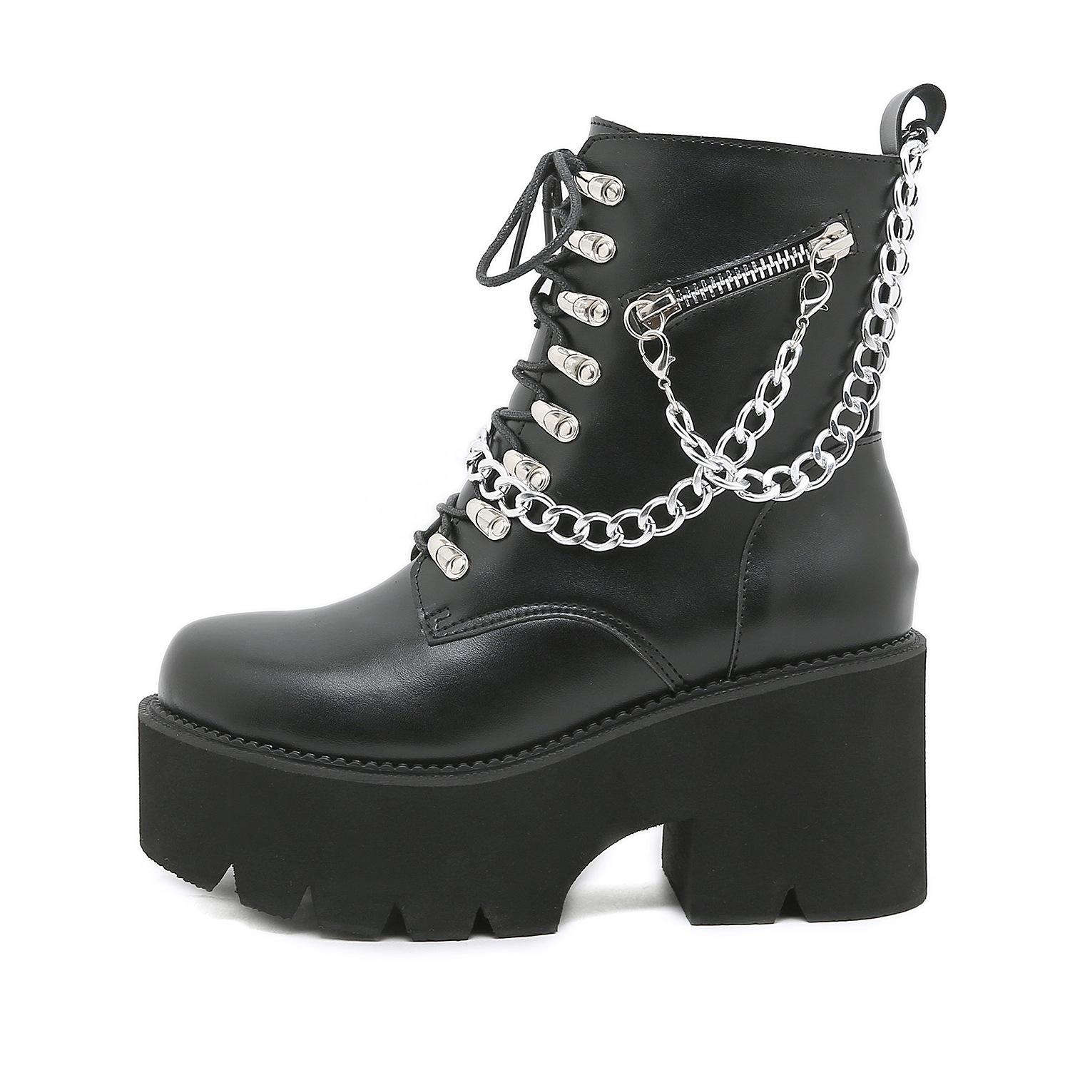 

Fashion Gothic Black Boots for Women Sexy Chain Chunky Heel Platform Boots Female Punk Style Ankle Boots Zipper 35 чёрный