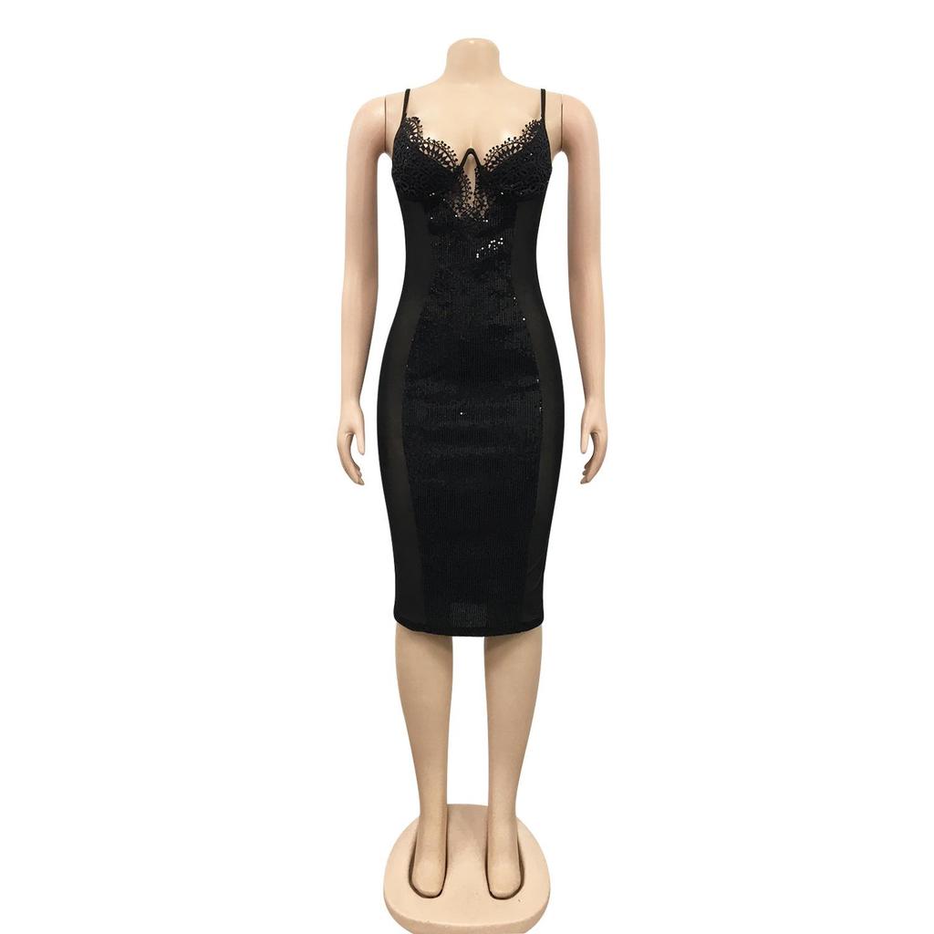 Damen Spaghettiträgerkleid mit Spitze und Pailletten für Herbst und Winter - Europäischer Nachtclub-Stil
