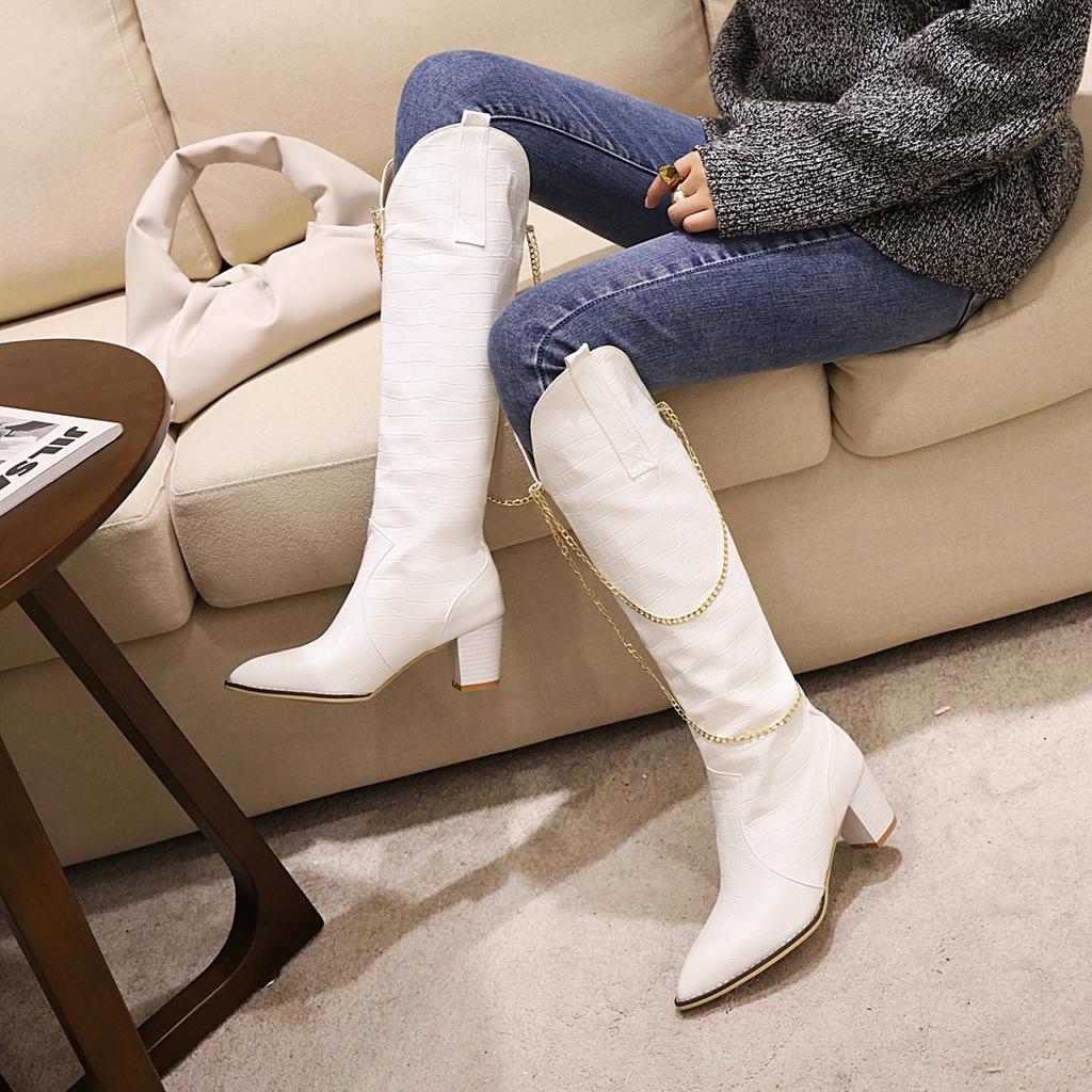Women's high-heeled boots sexy European and American style crocodile pattern thick heel pointed large size medium boots
