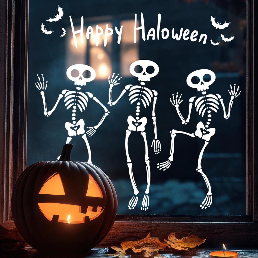 Halloween Skull and Bat Static Cling Window Stickers - Fun, Decorative Decals for Shop or Door Windows