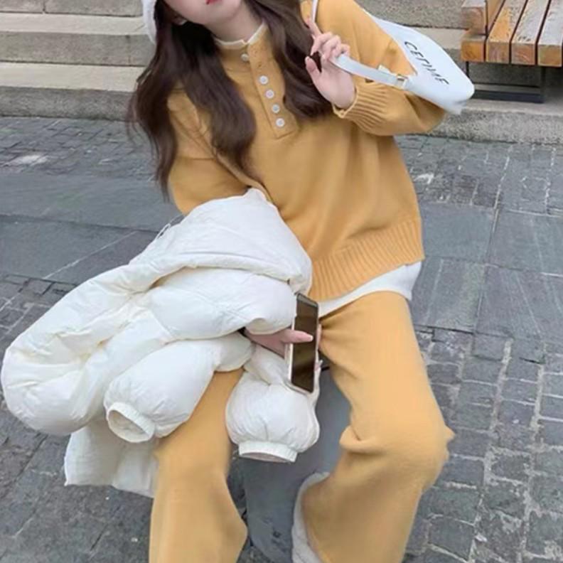 2025 Autumn Fashion: Women's Knit Sweater & Wide-Leg Pants Set for Plus Size