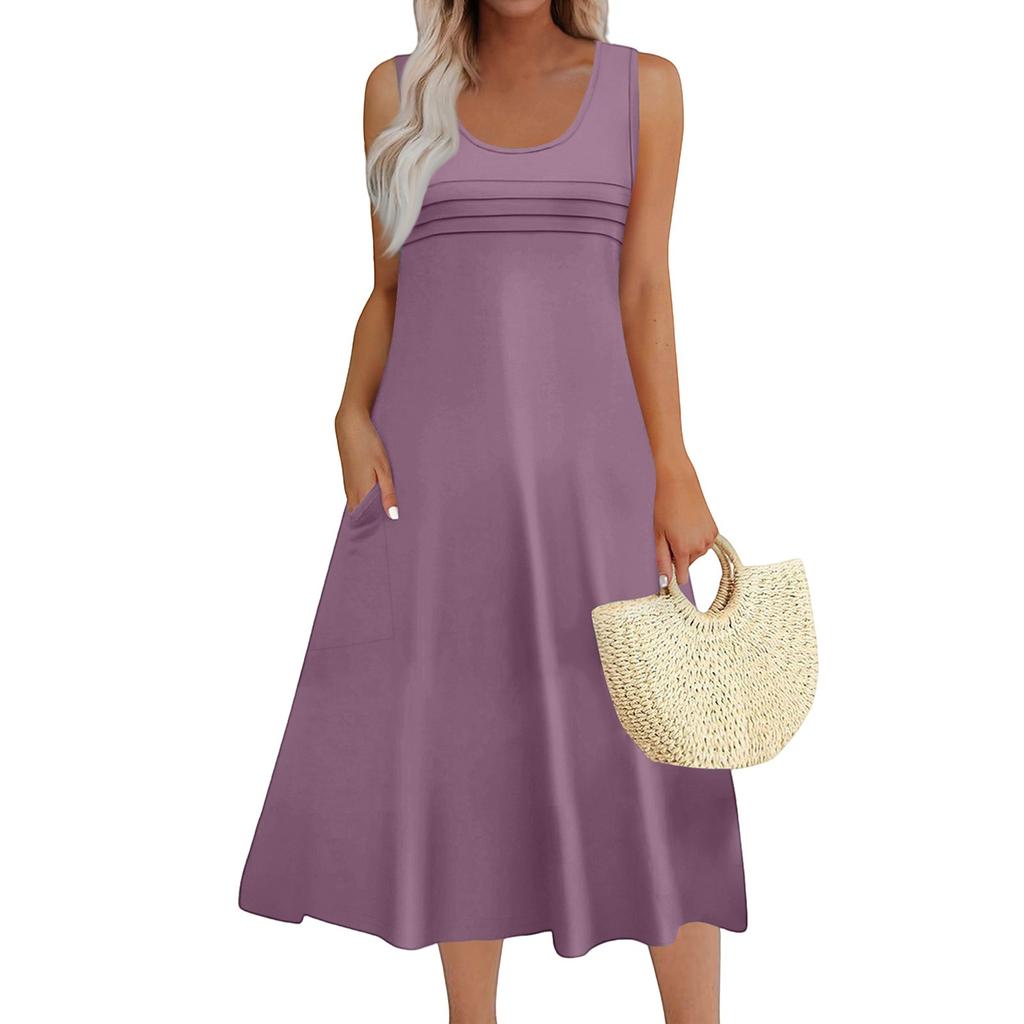 Women's Fashion Round Neck Sleeveless Pleated Beach Dress With Pockets Long Solid Color Dresses