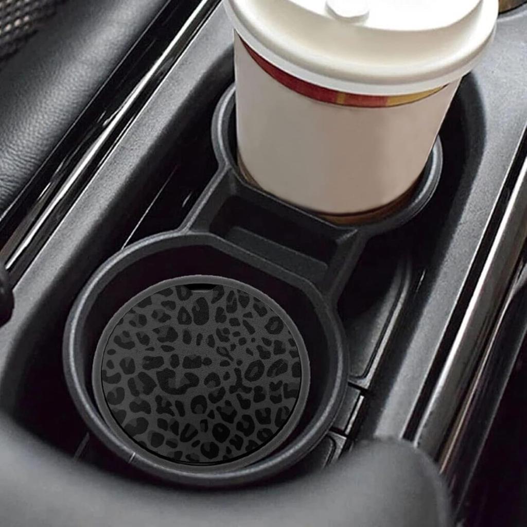 Leopard Spots Auto ert Coaster, Vivid Cheetah Skin 2.8 Inch Auto Car Cup Holder Coasters Rubber Anti-Slip Drink Car Cup Mat, Black Gray Cute Car