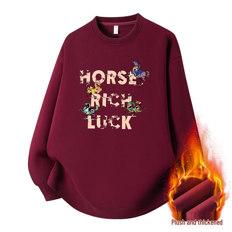 2025 Unisex Red Round Neck Year of the Horse Sweatshirt with Custom Logo, Thickened for Annual Meeting.