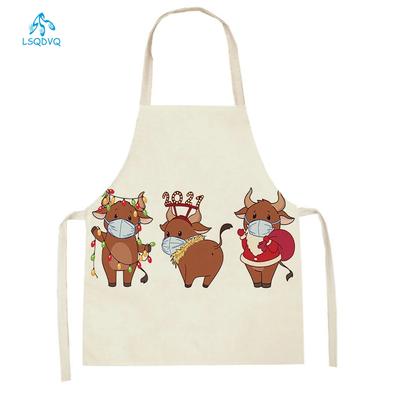Animal Printed Kitchen Aprons Women Men Dinner Party Cooking Waist Bib Fox Cattle Bear Pattern Baking Pinafore Cleaning Apron