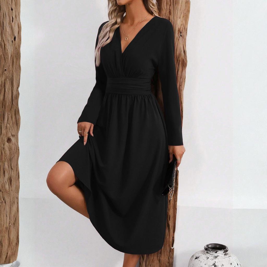 Damen Modisches Einfarbiges V-Ausschnitt Langarm Plissiertes Langes Kleid