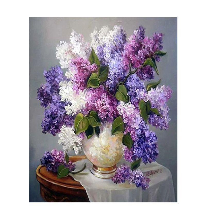 5D Round Full Diamond Painting Purple Lilacflower Needlework Embroidery Patterns Rhinestone Cross Stitch Mosaic