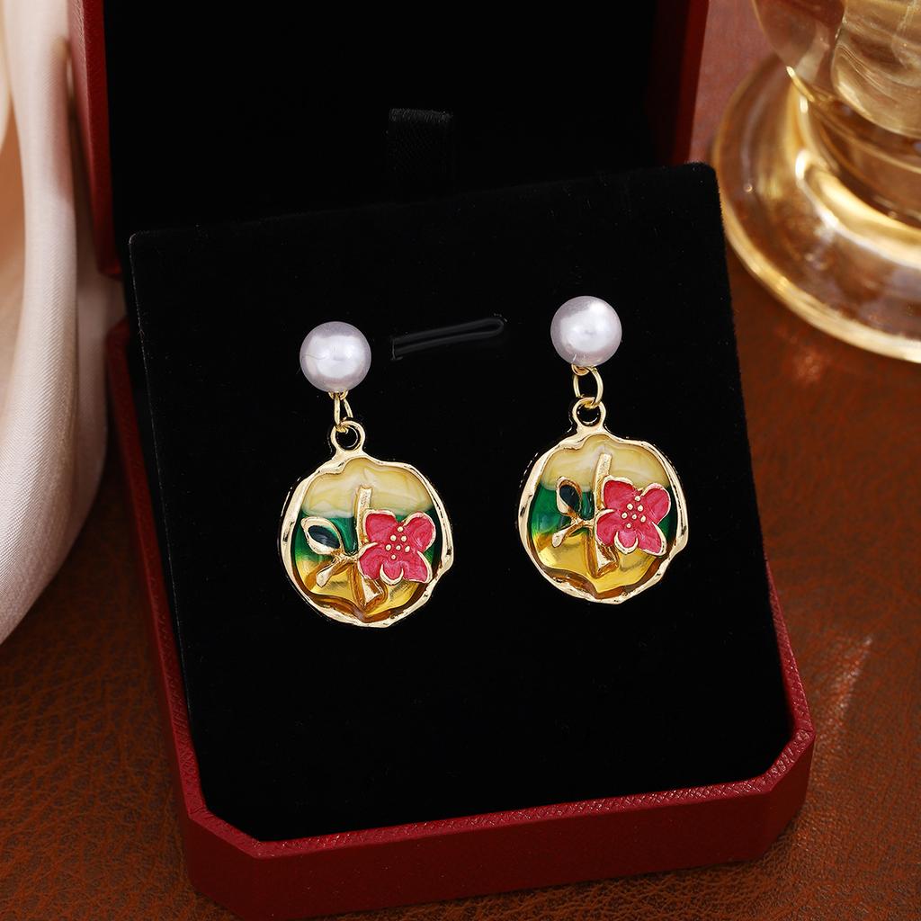 1Pair Fresh and sweet-tempered earrings - Monet Garden French Drop Oil Three-Dimensional Flower Earrings