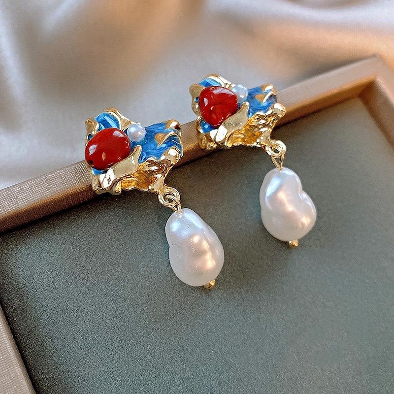 Mode Vintage Ölgemälde Stil Imitiert Barock Perlenblumen Ohrringe Tropfglasur Ohrring Damen Zart Hochwertige Accessoires